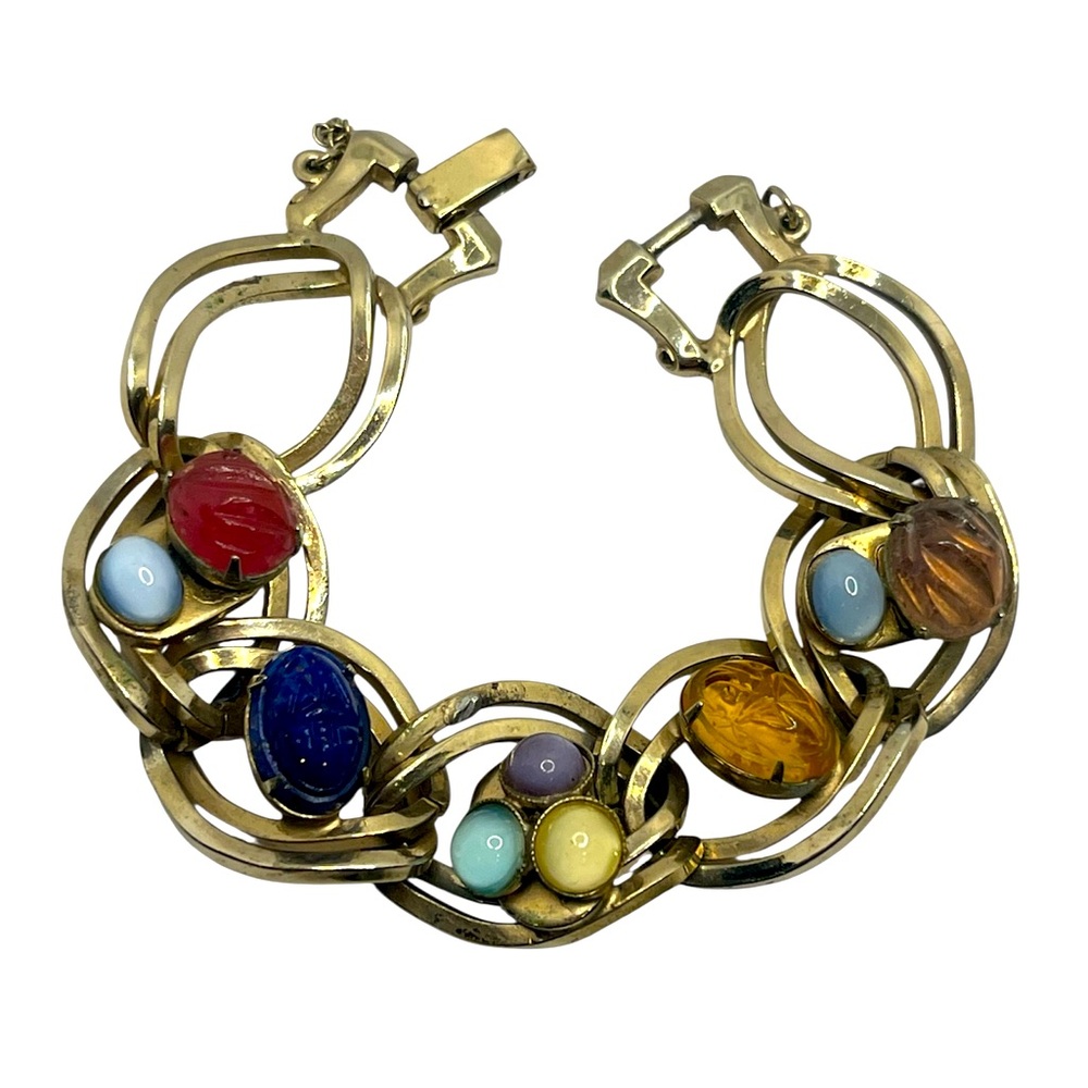 Scarab beetle colorful cabochon gold tone chunky link vintage bracelet 1950’s